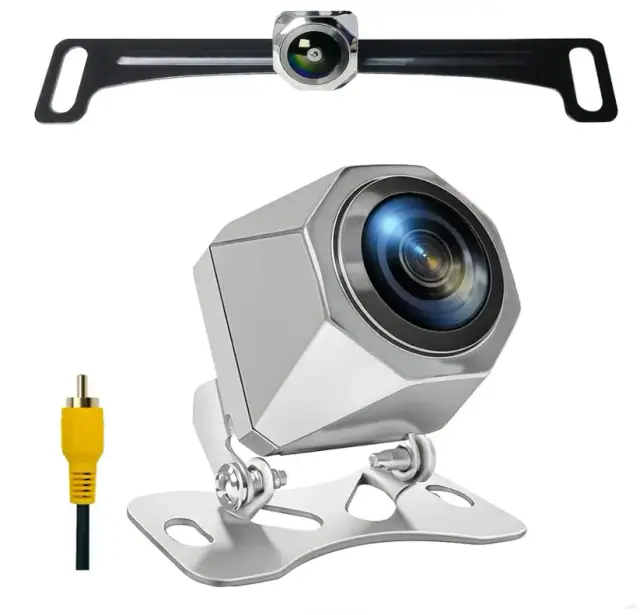 Silver AHD and CVBS rear-view camera with mounting bracket and video connector