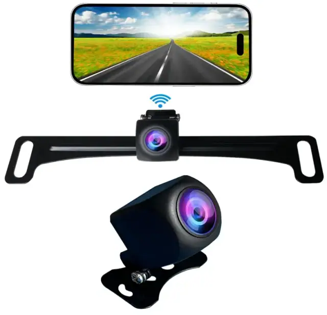 Wi-Fi rear-view camera with license-plate mounting bracket and phone display